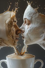 Two faces merging in a frothy coffee collision, capturing an intimate moment of connection and creativity in a whimsical setting