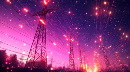 Poster - Electric Towers with Glowing Data Lines in 3D View
