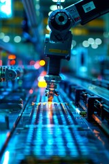 Poster - Industrial robotic arm operating laser technology in a manufacturing facility during nighttime hours