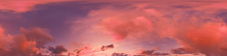 Wall Mural - seamless 360 hdr spherical panorama of sunset sky with vibrant pink cumulus clouds. full zenith or s