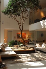 Modern interior featuring a central tree surrounded by elegant furniture in a spacious living area with natural light