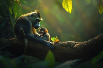 Wall Mural - A mother monkey and her baby sit together on a branch in a lush, sunlit forest.