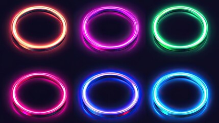 Six vibrant neon rings glowing on a dark background