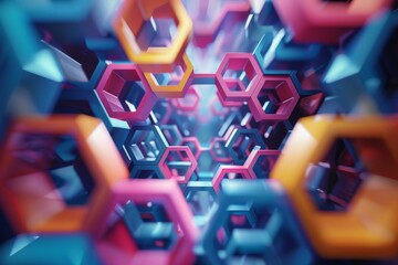 Poster - abstract view of colorful hexagonal patterns creating a vibrant 3d structure with depth and dimensio