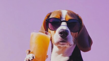 Wall Mural - A stylish beagle wearing sunglasses holds a refreshing drink against a vibrant background.