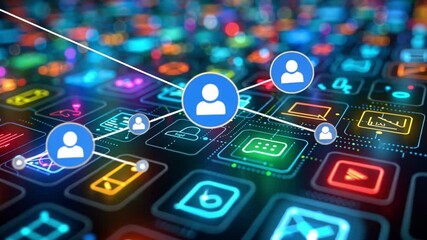 Leinwandbilder - A vivid digital interface showcases a variety of application icons, with a prominent user profile symbol highlighted against a vibrant background.