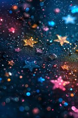 Poster - Colorful star-shaped sparkles shimmer against a dark background creating a magical atmosphere during a nighttime celebration