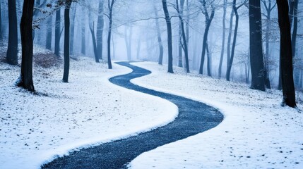 Sticker - A winding path through a snowy forest, creating a serene winter landscape.