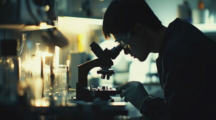 Poster - A Silhouetted Scientist Examining a Sample Under a Microscope in a Laboratory