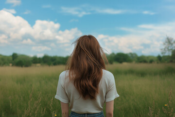 photo of a young and beautiful woman in the field