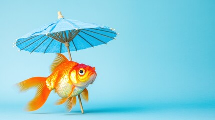 Wall Mural - A goldfish under a small blue umbrella against a light blue background.