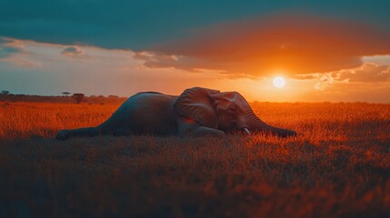 Canvas Print - A serene elephant resting in a vibrant sunset landscape.