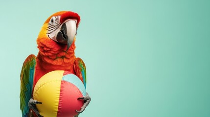 Sticker - A colorful parrot holding a beach ball against a pastel background.