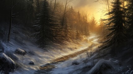 Wall Mural - A serene winter landscape with a winding path through snow-covered trees at sunset.