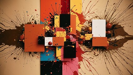 Canvas Print - Colorful paint splatters on a beige background with rectangles in various colors.