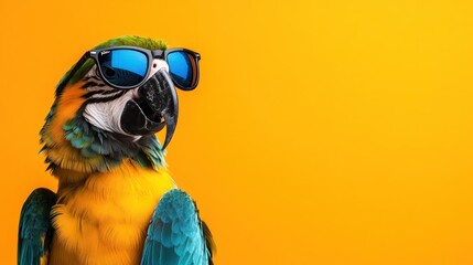 Poster - A colorful parrot wearing sunglasses against a bright orange background.