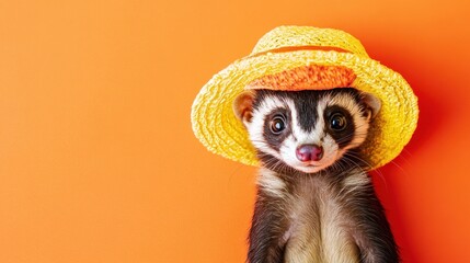 Canvas Print - A cute ferret wearing a yellow straw hat against an orange background.