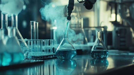 Poster - Laboratory Experiment with Blue Liquid in Flasks and Test Tubes