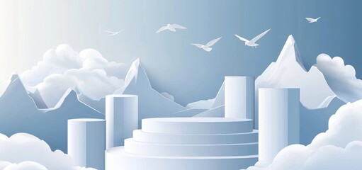 Wall Mural - a serene landscape featuring mountains, clouds, and abstract structures under a blue sky.