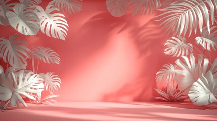 Poster - A vibrant pink backdrop adorned with white tropical leaves, ideal for photography or design.