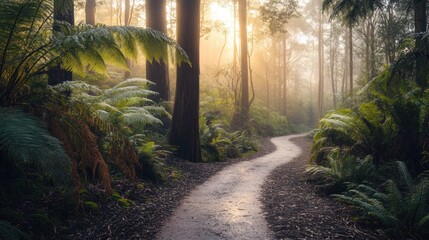 Sticker - A serene forest path winding through lush greenery and soft morning light.