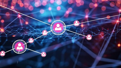 Fototapete - A vibrant digital network features user icons connected by bright lines and nodes, illustrating modern communication and connectivity in a futuristic atmosphere.