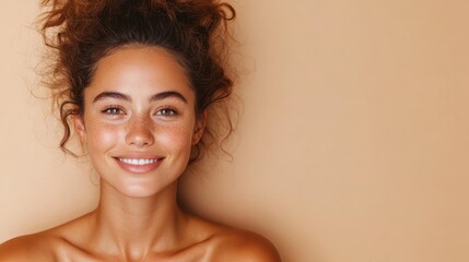 Young woman with curly hair styled up and a warm smile, exuding confidence and happiness in a minimalistic setting, highlighting natural beauty and positive vibes.