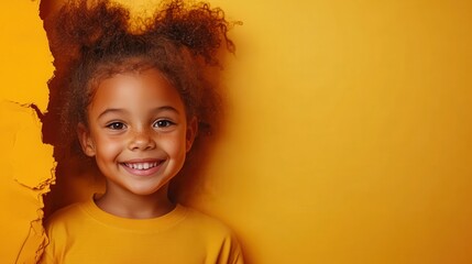 This image features a cheerful young child with a bright, genuine smile and natural hairstyle, against a vivid yellow backdrop, radiating warmth and joy.