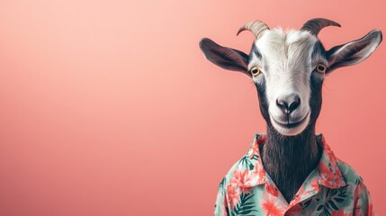 Poster - A goat wearing a floral shirt, smiling against a pastel background.