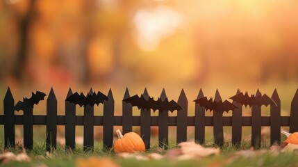 A charming black fence with bat decorations, surrounded by autumn leaves and pumpkins, creating a seasonal Halloween vibe.