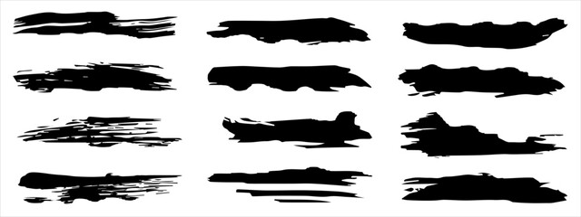 Wall Mural - Vector collection of artistic grungy black paint hand made creative brush stroke set isolated on banner background. A group of abstract grunge sketches for design education or graphic art decoration