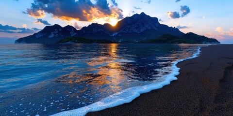 Poster - Sunset Over Mountain Range and Ocean Beach with Waves