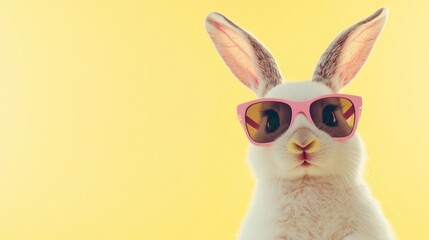 Canvas Print - A stylish rabbit wearing pink sunglasses against a yellow background.