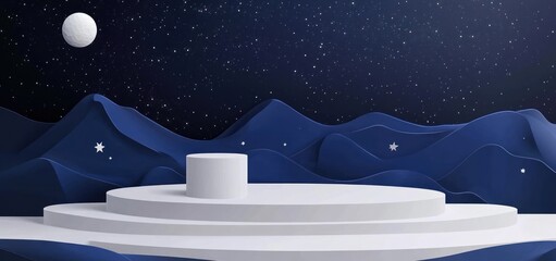 Wall Mural - a serene night landscape with layered hills, a circular platform, and a starry sky.