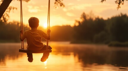 A young child swings joyfully at sunset, capturing a serene moment with the warm glow of the setting sun reflecting on the lake. Leaves frame the peaceful autumn scene.