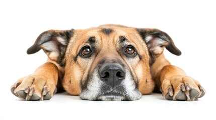 Poster - A close-up of a dog resting on a white background, displaying a calm expression.