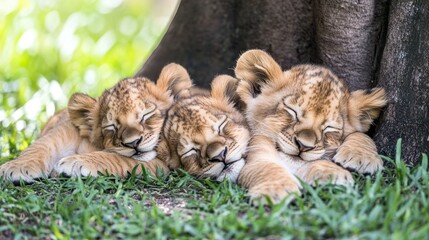 Wall Mural - Three sleeping lion cubs nestled together under a tree.