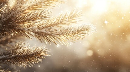 Canvas Print - Frosted pine branches glimmer in soft sunlight, creating a serene winter atmosphere.