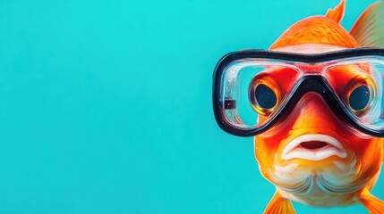 Poster - A goldfish wearing goggles against a bright turquoise background.