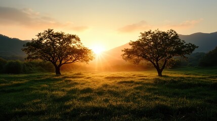 Two trees stand prominently in a lush field with a breathtaking sunset backdrop, creating a serene and harmonious scene evoking feelings of connection and wholeness.