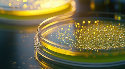 Poster - Close-up of a petri dish filled with a yellow liquid and shiny bubbles.