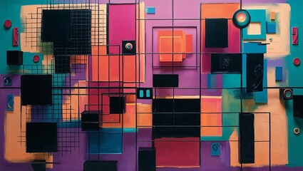 Poster - Abstract geometric art with a purple, orange, and black color scheme.