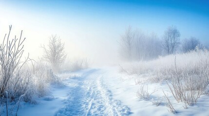 Poster - A serene winter landscape with a snowy path and frosty trees in a misty atmosphere.