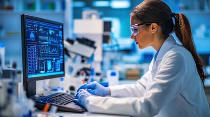 Poster - Female Scientist Working on Computer with Graphs and Data in Laboratory