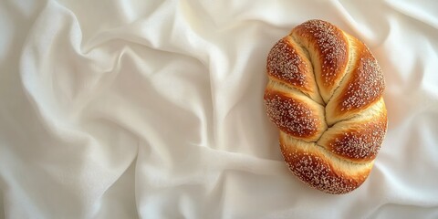 Yom kippur celebration background with challah bread on elegant fabric