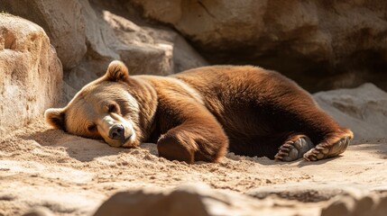 Wall Mural - A resting bear lies peacefully on sandy ground in a natural habitat.