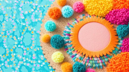 Colorful Pom Poms and Cork Board on a Bright Blue Background