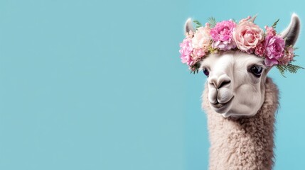 Poster - A llama adorned with a floral crown against a pastel blue background.