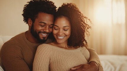 A joyful couple shares an embrace wrapped in casual attire, exuding warmth and tenderness, captured in a warmly lit room conveying love and contentment.