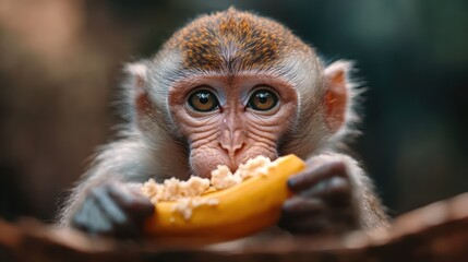 A playful young monkey savors a banana while gazing forward, capturing the intricate expressions and textures found within the animal kingdom.